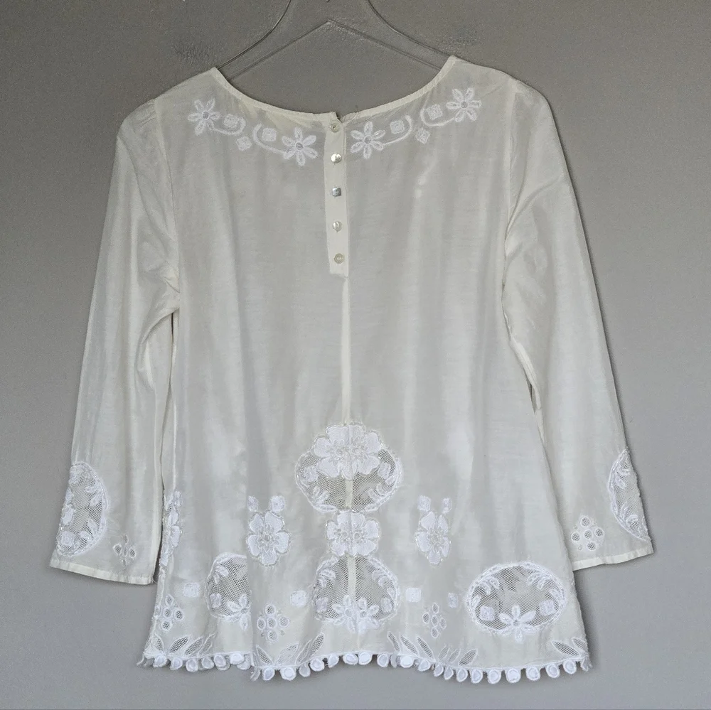 Anthropologie Maeve Cream Silk Embroidered Lace Women's Boho Feminine Fairy Top